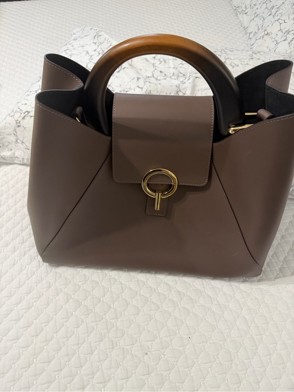 Elegant Taupe Leather Tote with Wooden Top Handles
